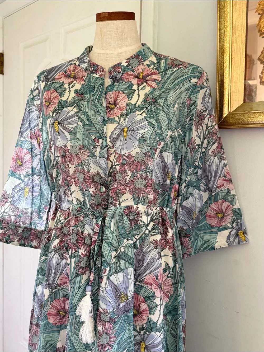 Tory Burch Blue floral print Mousseline Maxi shirt dress with tassels sz XL NWOT